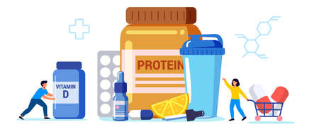 Sports nutrition Anabolic steroids Doping test Protein cocktail Nutrition help replenish body vitamin supply Healthy food diet vector concept metaphor Illustration Food supplements and vitaminsのイラスト素材