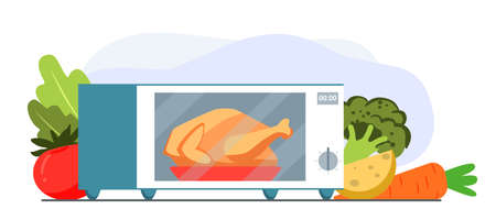 Microwave oven with grill chicken Household appliance for cooking heating and defrosting food Electric roaster device vector illustration in flat style Gala Dinner Preparationのイラスト素材