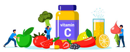 Vitamin C vector illustration Healthy eating and diet Different food rich of vitamin C Dietetic organic nutrition. Food supplement and health care concept Source of vitamin C fruits and vegetablesのイラスト素材