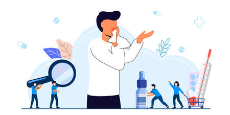 Seasonal allergy Seasonal allergy diagnosis Pollen allergy immunotherapy concept Illness with cough, cold and sneeze symptoms Flat tiny anaphylaxis person vector isolated illustrationのイラスト素材