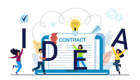 Idea solution discovery Eureka or AHA moment as flat tiny persons concept Teamwork success Partnership. Cooperation and collaboration supported by colleagues and work achievement gain togetherのイラスト素材