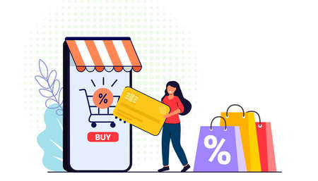 Safe and easy e-payments on smartphone using financial apps Mobile banking app and payment by credit card via electronic wallet wirelessly. Tiny people vector illustration of online mobile paying by phoneのイラスト素材