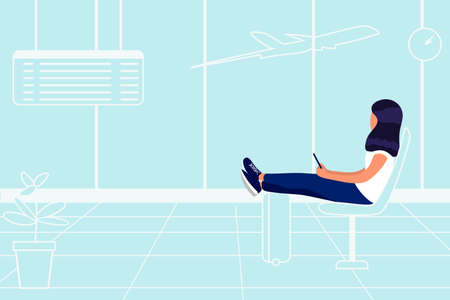 Young woman is sittinding near window at the airport and watching at the departing plane Travel tourist with luggage at airport window Vector illustration conceptのイラスト素材