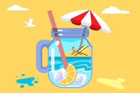 Summer beach in a cocktail mug Fun creative concept design with cocktails Panorama of sea and beach on cocktail glass Summer sale Post template. Hot season elementsのイラスト素材