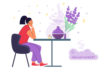 Decorative ultrasonic home diffuser and lavender flowers for meditation and freshness at home Aromatherapy.のイラスト素材