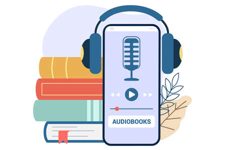 Audiobooks Listening to e-books in audio format Audio books with headphones Headset with digital online books stack. Online application or media player for listening to digital audiobooks and podcastsのイラスト素材