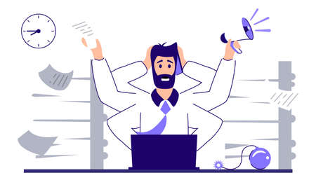 Multitasking work Workload efficiency under pressure or stress management vector illustration Chaos and workaholic lifestyle Multitasking manager working laptop Effective management Freelance workerのイラスト素材