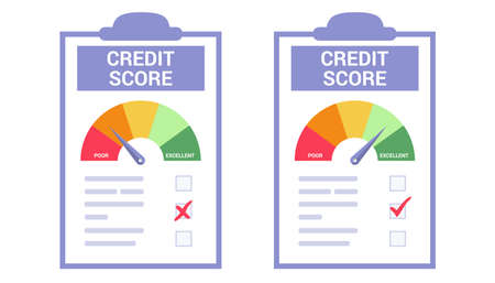Credit score or rating concept in flat vector illustration Rejected and approved credit score gauge speedometer indicator levels paper Payment history Loan history meter. Scale creditworthiness reportのイラスト素材