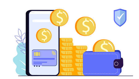 Secure mobile payment vector illustration Money transfer or online finance concept with smartphone Flying coins and wallet Digital internet transaction or cashback banking. Safe money transferのイラスト素材
