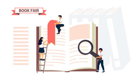 Book fair or Book festival Students woman and man reading, learning and sitting on big books Bookcase Bookshelf Literature event concept Library Bookstore Shop Advertising World Book Dayのイラスト素材