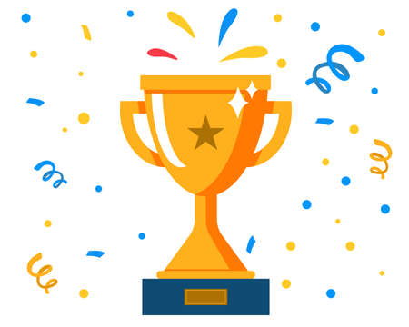 Success business team Golden trophy cup Symbol of victory Business success Teamwork and challenge concept Happy winning award and celebrating conceptのイラスト素材
