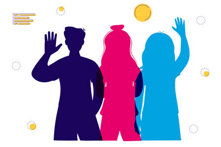 Silhouette faces woman and man vector Multicultural characters show greeting gesture Group young...