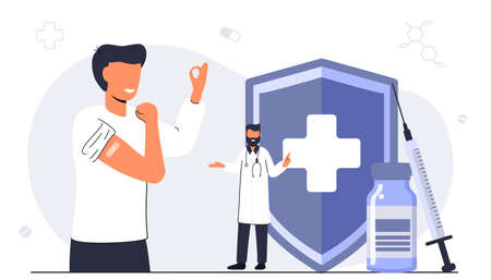 Bandage arm vaccine concept Youth health care Mandatory immunization campaign Flue virus prevention Vaccination hesitancy Protection from disease Flat vector isolated illustrationのイラスト素材