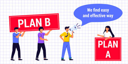 Plan concept with smooth point A and punt B Business team choosing with plan A or plan B direction Business strategy. Vector flat illustration Expectation planning and reality implementationのイラスト素材