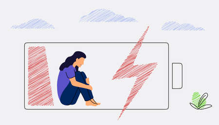 Recharge human Tired woman sitting and hugging her knees with a discharged battery in the thoughts