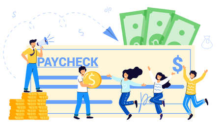 Paycheck Salary and payroll concept Boss pay salaries to employees Payday calendar Money prize Cash lottery winning Payroll tax deposit Payroll software Vector isolated illustrationのイラスト素材