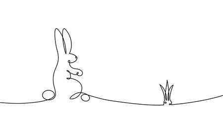 Easter Bunny Continuous One Line Drawing Bunny Minimalist Contour Illustration for Spring Design Concept Card Line Art Style with Rabbit Black and white vectorのイラスト素材