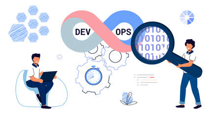 DevOps concept Tiny programmers practice development and software operations Software engineering culture Computer system administration design Technology analysis Flat vector isolated illustrationのイラスト素材
