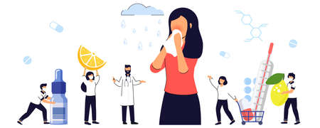 Seasonal Allergy Seasonal Allergy Diagnosis Pollen Allergy Immunotherapy Concept Illness with Cough Cold and Sneeze Symptoms Flat tiny Anaphylaxis Person Vector Isolated Illustrationのイラスト素材