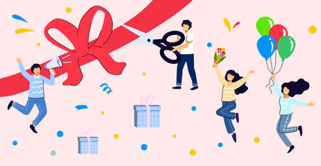 Loyalty program concept Ribbon cutting ceremony Boss with scissors People getting gifts and rewards Bonus points Reward productive efficient work Profit digital referral program. Vector illustrationのイラスト素材
