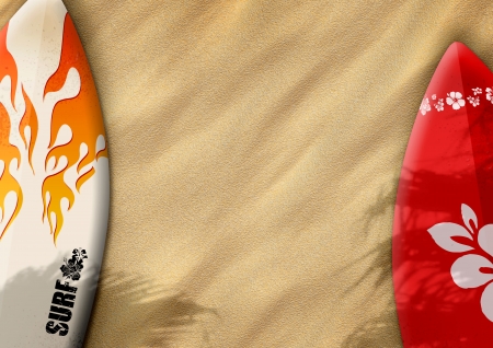 surfboards on sand color background with spaceの写真素材