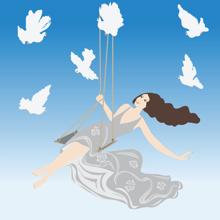 romantic  soft spring background is white doves flying in the blue sky woman on a swing Some items are made in the style of a careless handmade techniqueeのイラスト素材