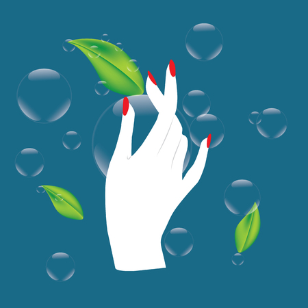 dew drops leaves green hand lady abstract art illustration design pure line cosmetics ecology blue backgroundのイラスト素材