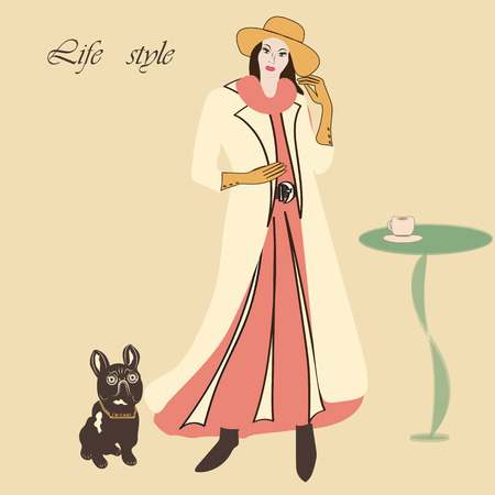 woman in a hat Gloves suit Bulldog table cup of coffee label lifestyle light background Some items are made in the style of a careless technique handmadeのイラスト素材