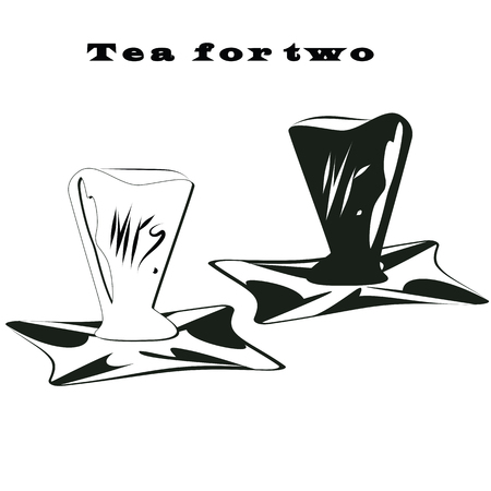 tea couple cup black and white lettering on a tray tea for two hand sign Mr. and Mrs.のイラスト素材