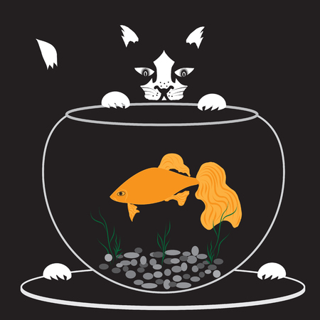 black and white cat looking at a goldfish in an aquarium on a black background illustrationのイラスト素材