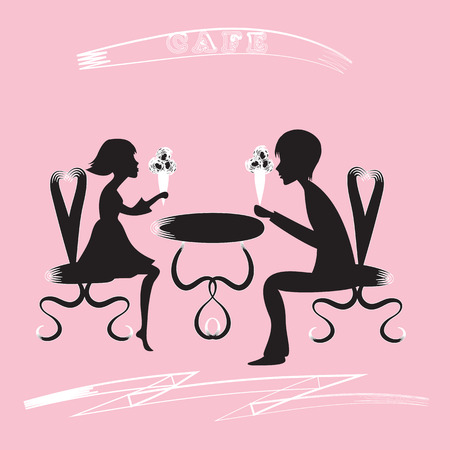 black silhouette of a boy and a girl, sitting on chairs at a table with an ice cream cafe inscription background pinkのイラスト素材