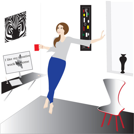 Woman with a mug in his hands in the room table vase window painting abstract computer chair inscription I like my creative work at home illustrationのイラスト素材