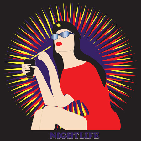 woman on a bright background illumination at a cafe bar in a red dress is taken emblem glasses cocktail glass inscription nightlifeのイラスト素材