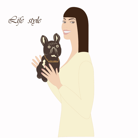 smiling woman holding a dog in her arms an inscription life style illustration of a light backgroundのイラスト素材