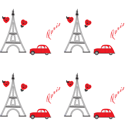 Eiffel Tower old machine red two cartoon heart abstract art illustration inscription Paris white background patternのイラスト素材
