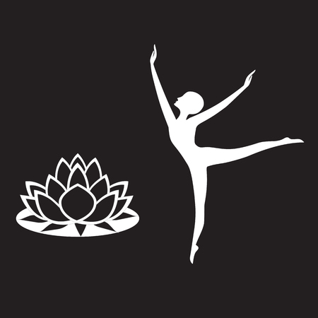 Lotus symbol of black-and-white and white silhouette of a dancer athlete gymnast icon for yoga studio on a black backgroundのイラスト素材