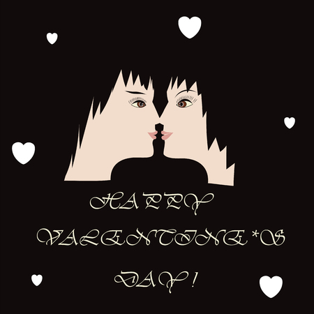 silhouette of a man and a woman on a dark background with white hearts inscription Happy Valentine dayのイラスト素材