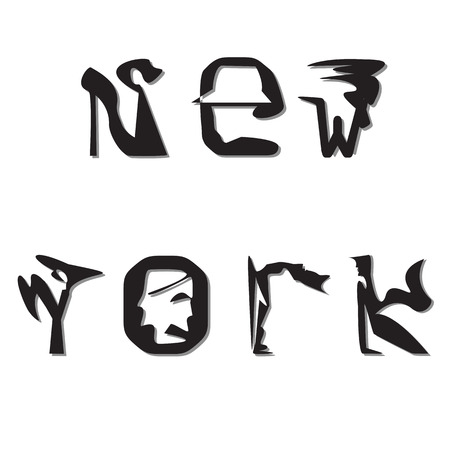 of curly black and white letters of the inscription New York isolated on white backgroundのイラスト素材