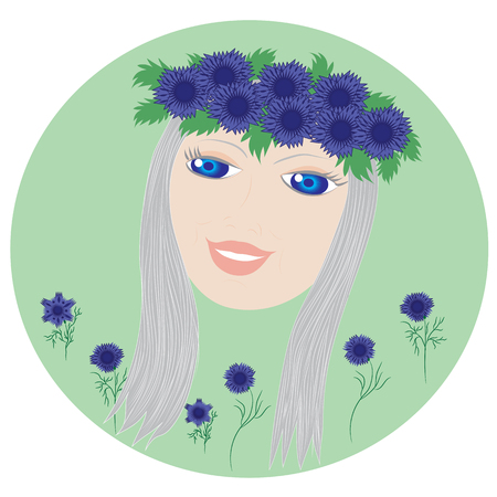 face blonde girl with blue eyes wearing a wreath of wildflowers cornflowers isolated spring backgroundのイラスト素材