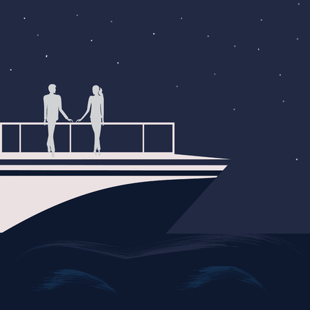 seascape ship deck man and woman abstract art illustration minimalism flat style dark blue backgroundのイラスト素材