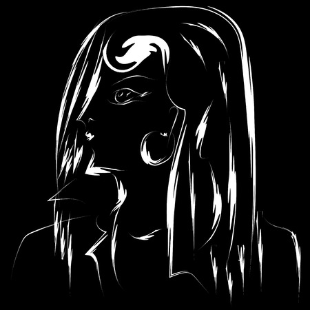 Lady silhouette sketch white and black romantic modern way of disturbing black backgroundのイラスト素材