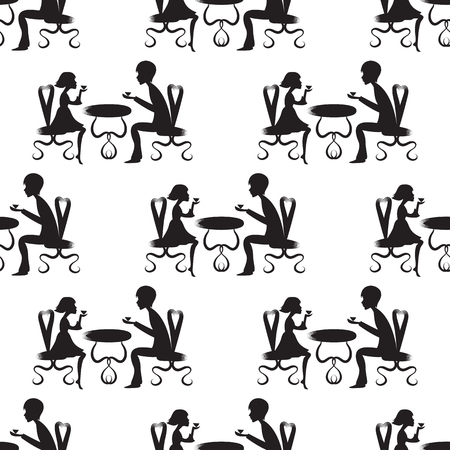 black silhouette of a boy and a girl sitting on the chairs at the table white background patternのイラスト素材