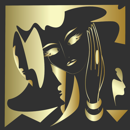 abstract art illustration black and gold face masksのイラスト素材