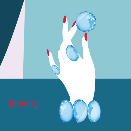 Turquoise jewelry female hand on a background of sea jewelry natural stone inscription art abstract illustrationのイラスト素材