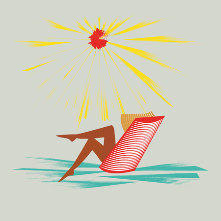 symbolic sea sun woman in hat sitting in the chair art abstract modern creative illustration light backgroundのイラスト素材