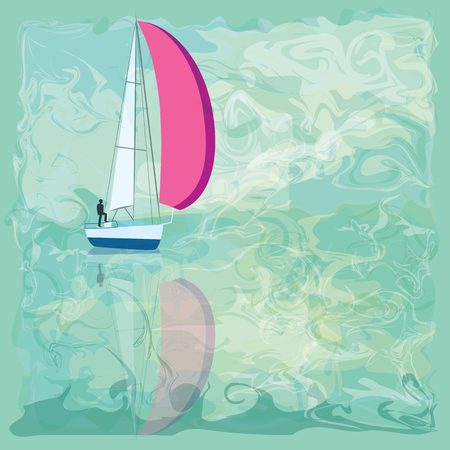 People on a boat with a pink sail symbolic sky sea waves abstract art creative modern illustration of a light background bitmap imageのイラスト素材