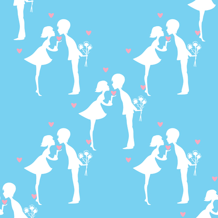 white silhouette of a boy and girl on a palm heart pattern on a blue backgroundのイラスト素材