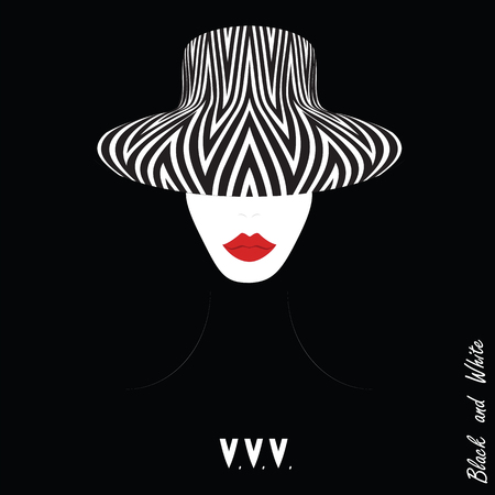 woman in a hat with a geometric pattern red lips inscription black and white art abstract modern illustration black backgroundのイラスト素材