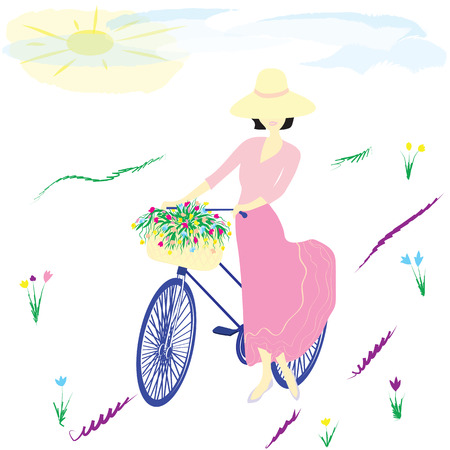 woman in a hat bike basket flower field sun clouds light backgroundのイラスト素材