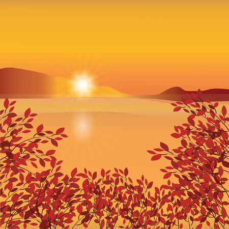 Autumn landscape horizon mountain sunset water branch red leaves abstract art creative modern illustration bright backgroundのイラスト素材